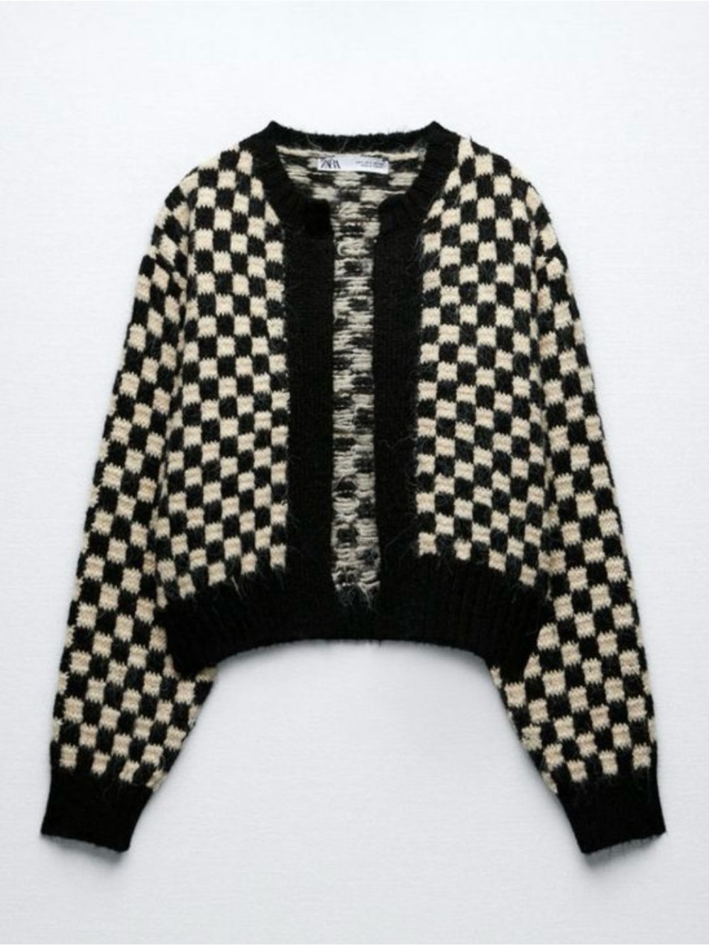 Zara Black and Cream Checked Cropped Cardigan